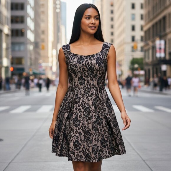 COCO AVANTE Black Lace Peplum Mini Dress L Nude Fit & Flare Skater Swing Sexy - Picture 14 of 14